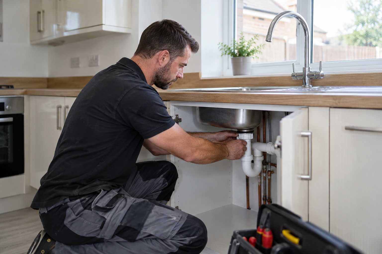Plumber repairing bathroom plumbing beneath a basin