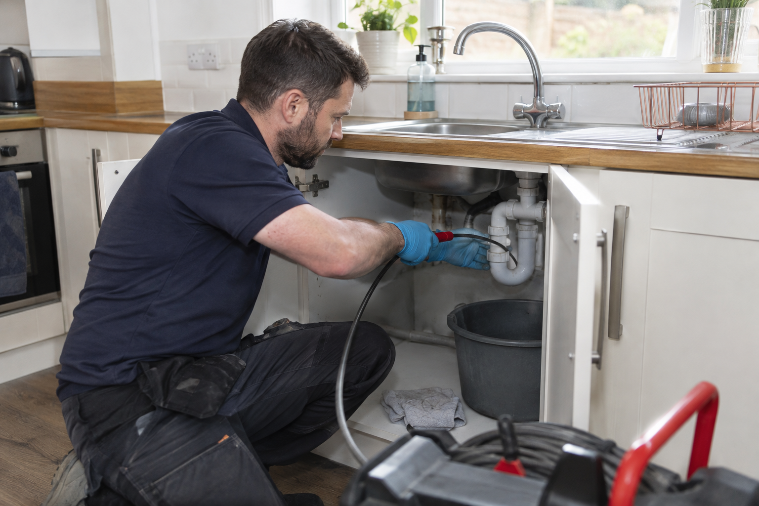 Plumber clearing an accessible internal kitchen waste blockage