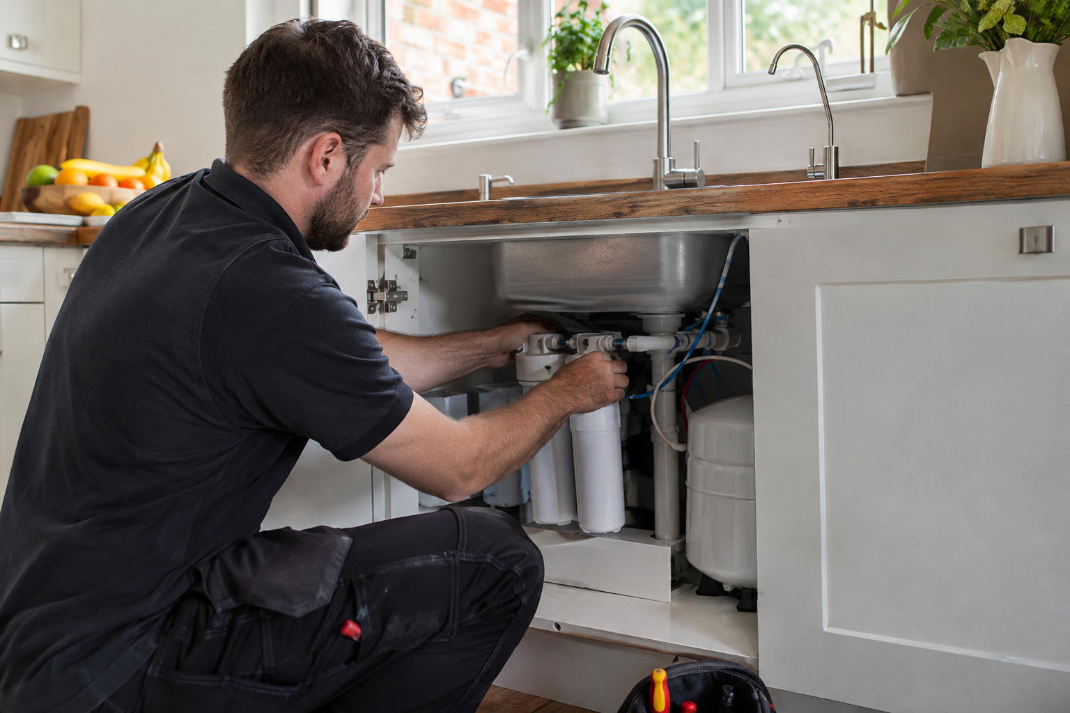 Plumber checking central-heating pipework and pressure