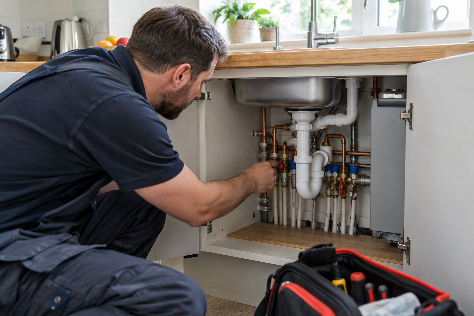 Plumber repairing accessible pipework after a burst-pipe leak