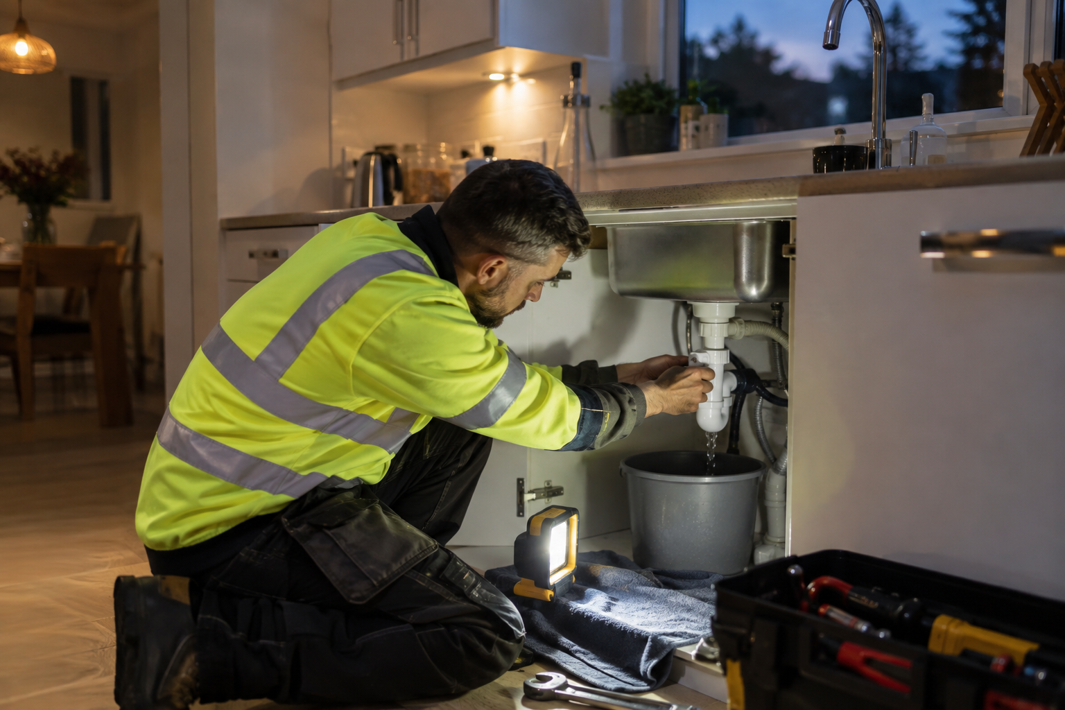Plumber investigating an under-sink water leak