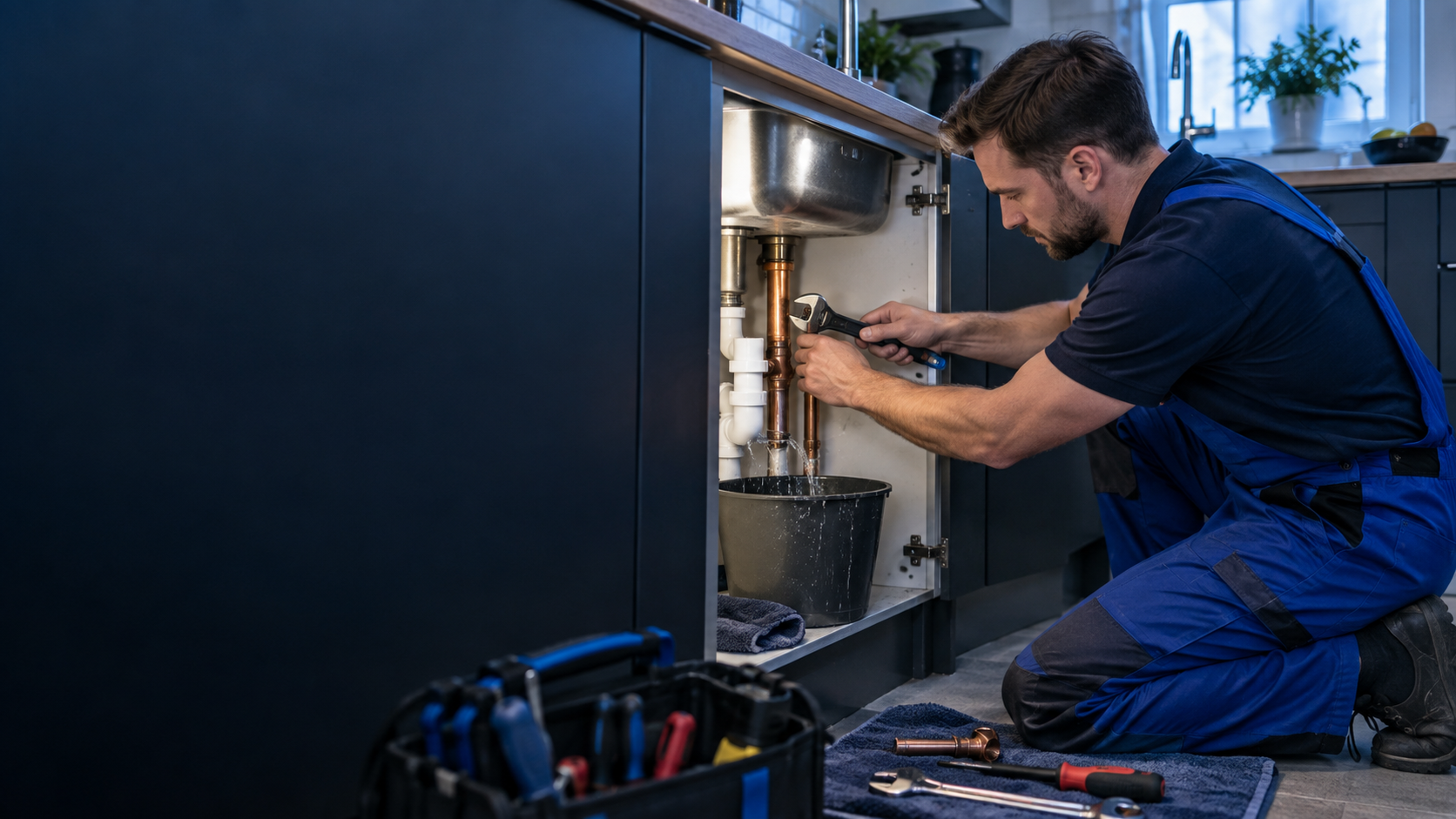 Emergency plumber attending an urgent under-sink plumbing repair