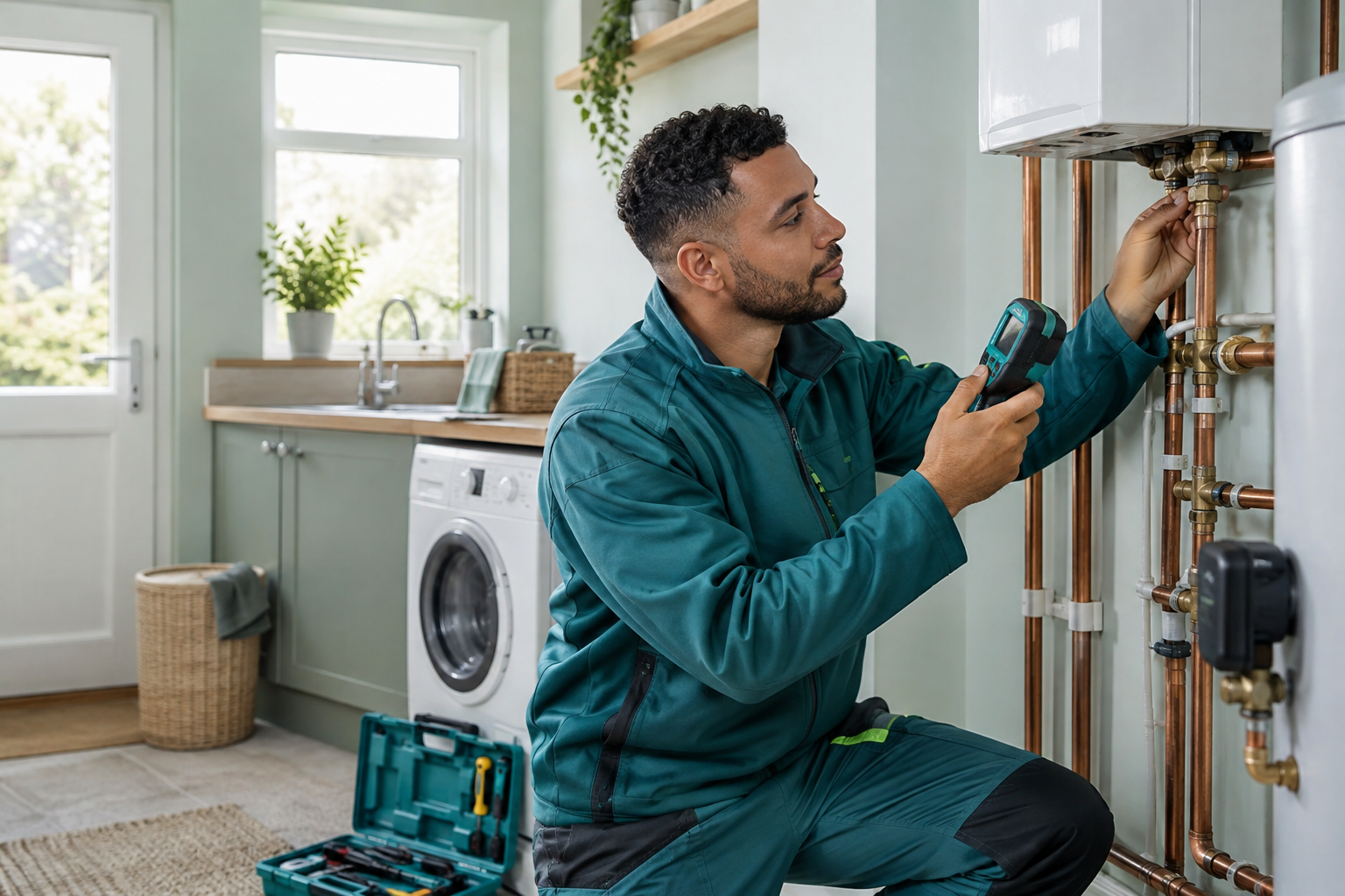 Emergency plumber inspecting accessible pipework in a home