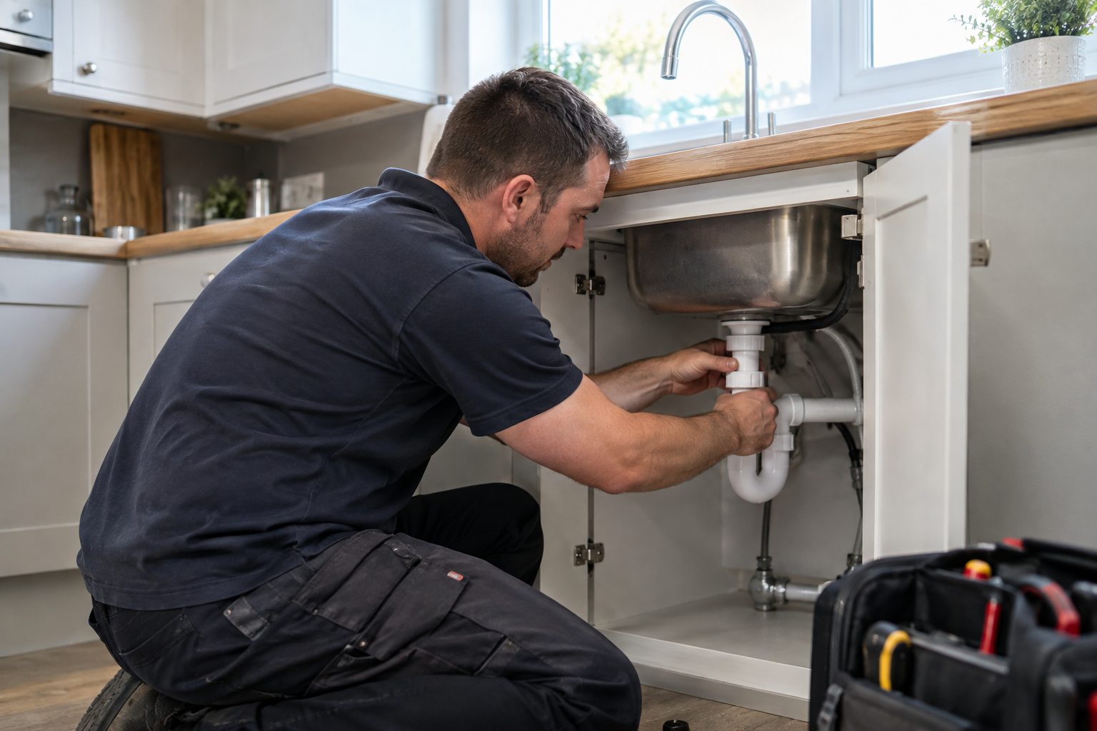 Plumber working on accessible kitchen sink waste pipework