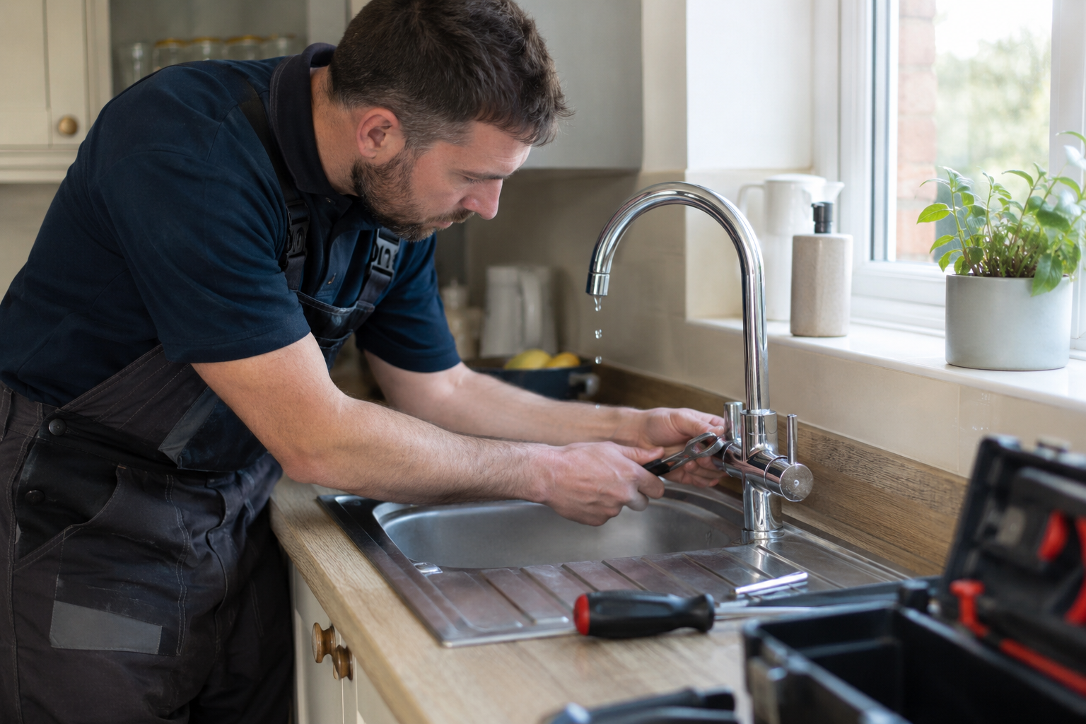 Plumber repairing a leaking kitchen tap