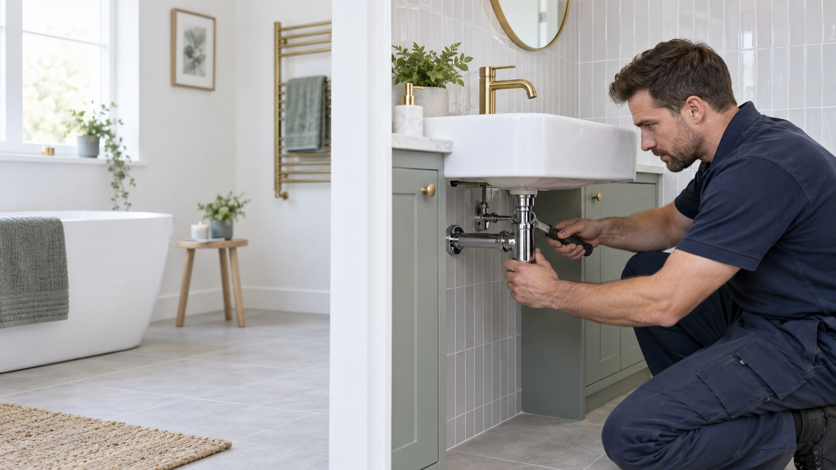 Plumber repairing a toilet cistern and flush components