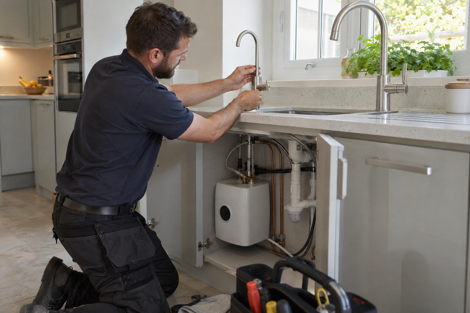 Plumber servicing an accessible domestic water heater
